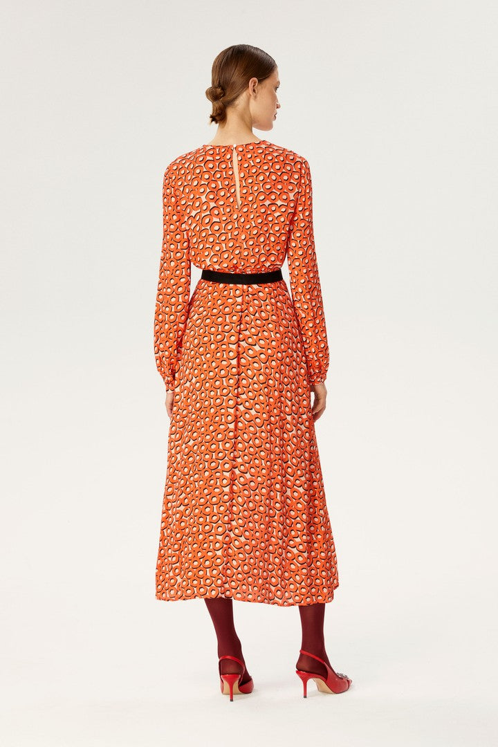 Siyah Kemerli Turuncu Elbise