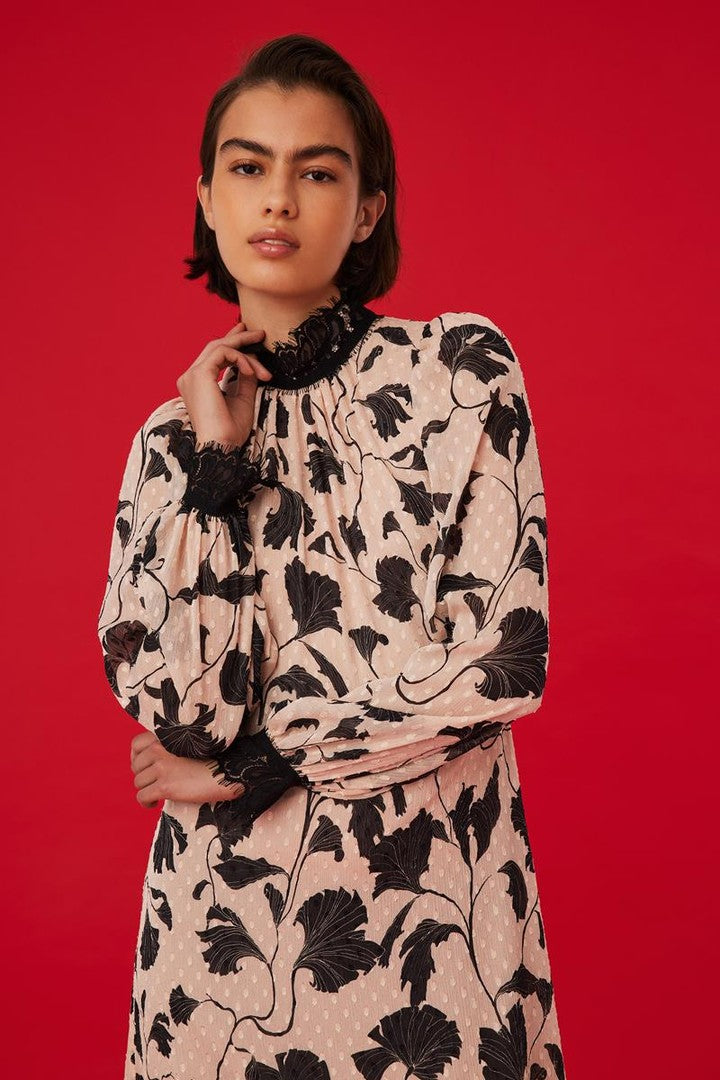 Dantel Detaylı Desenli Midi Elbise