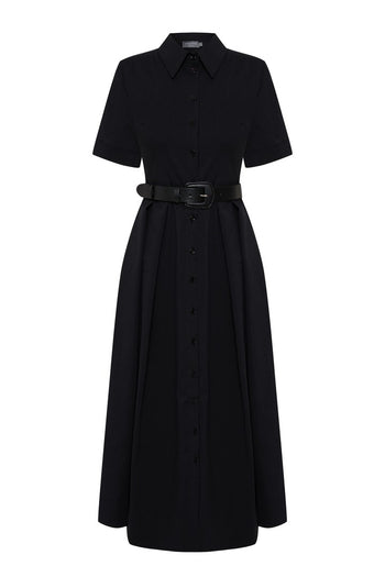 Gömlek Yaka Kısa Kol Bele Oturan Kemerli Midi Boy Siyah Elbise