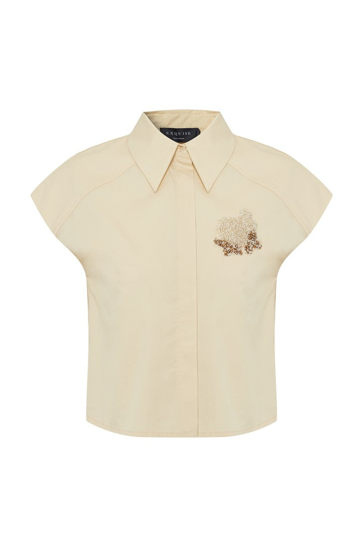 İşleme Detaylı Açık Sarı Pamuklu Crop Gömlek