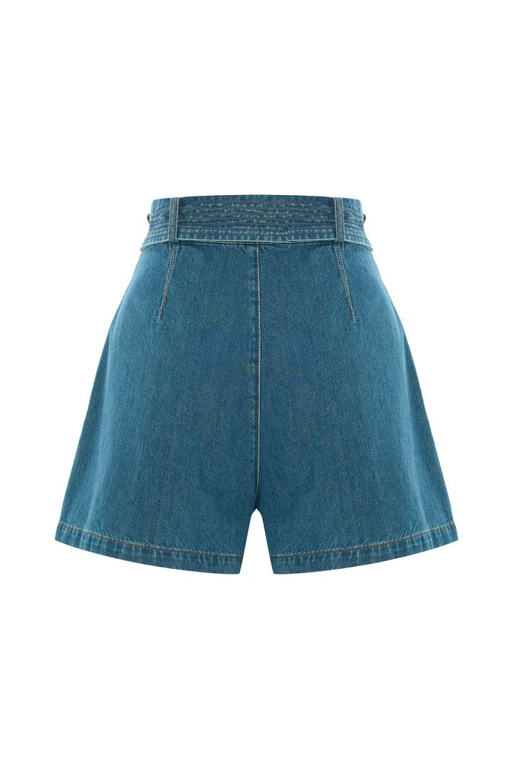 Kemerli Jean Görünümlü Rahat Şort Modeli