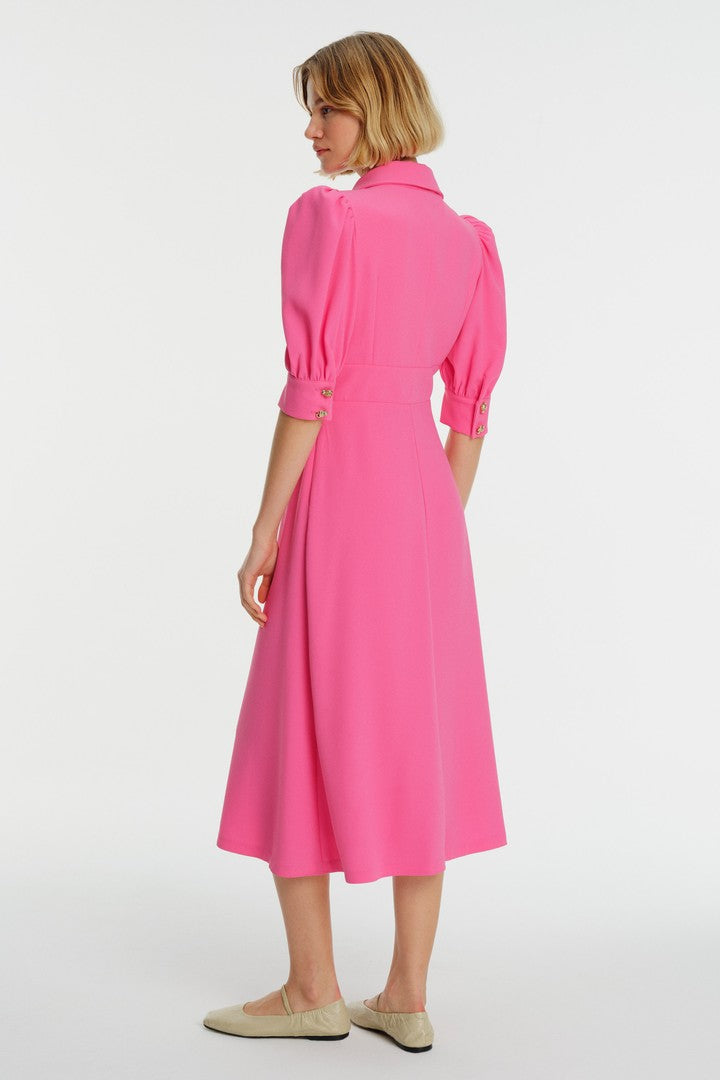 Karpuz Kol Gömlek Yaka Midi Krep Elbise