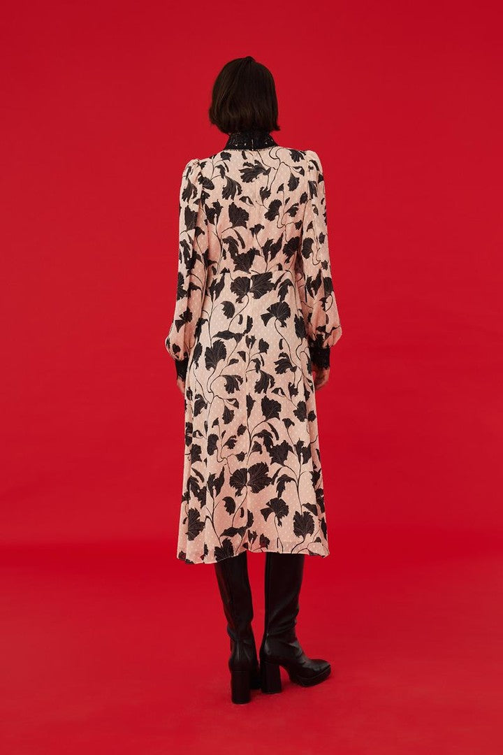 Dantel Detaylı Desenli Midi Elbise