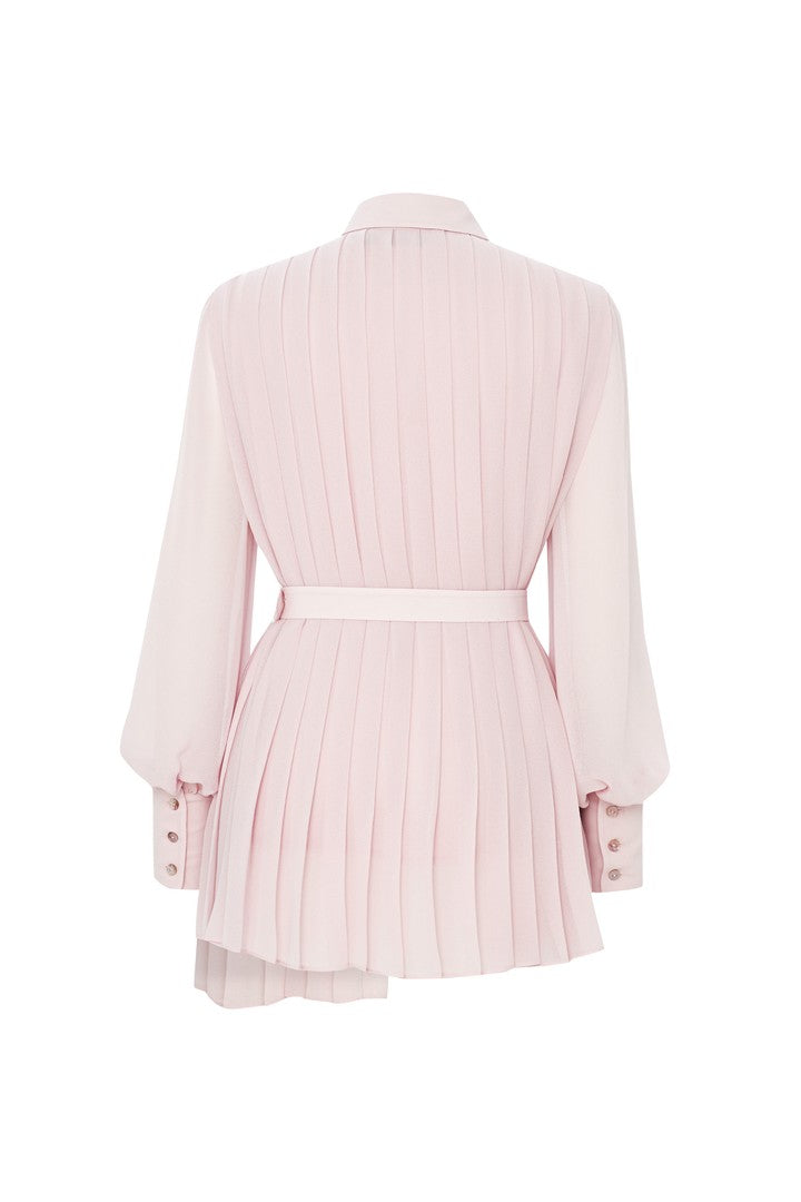 Kemer Detaylı Pliseli Pudra Şifon Gömlek