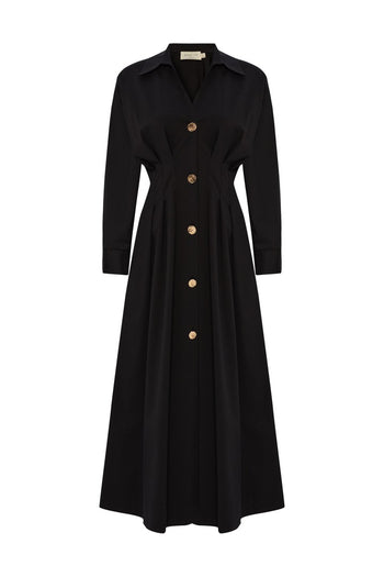 Bele Oturan Düğme Detaylı Pamuk Midi Gömlek Elbise