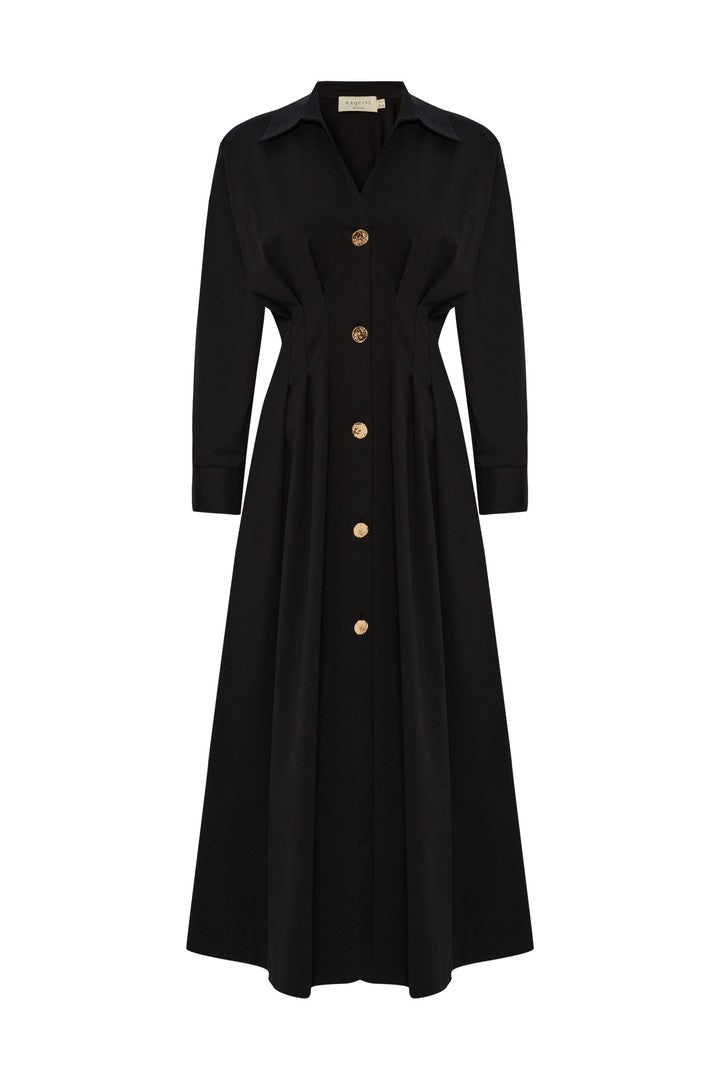 Bele Oturan Düğme Detaylı Pamuk Midi Gömlek Elbise