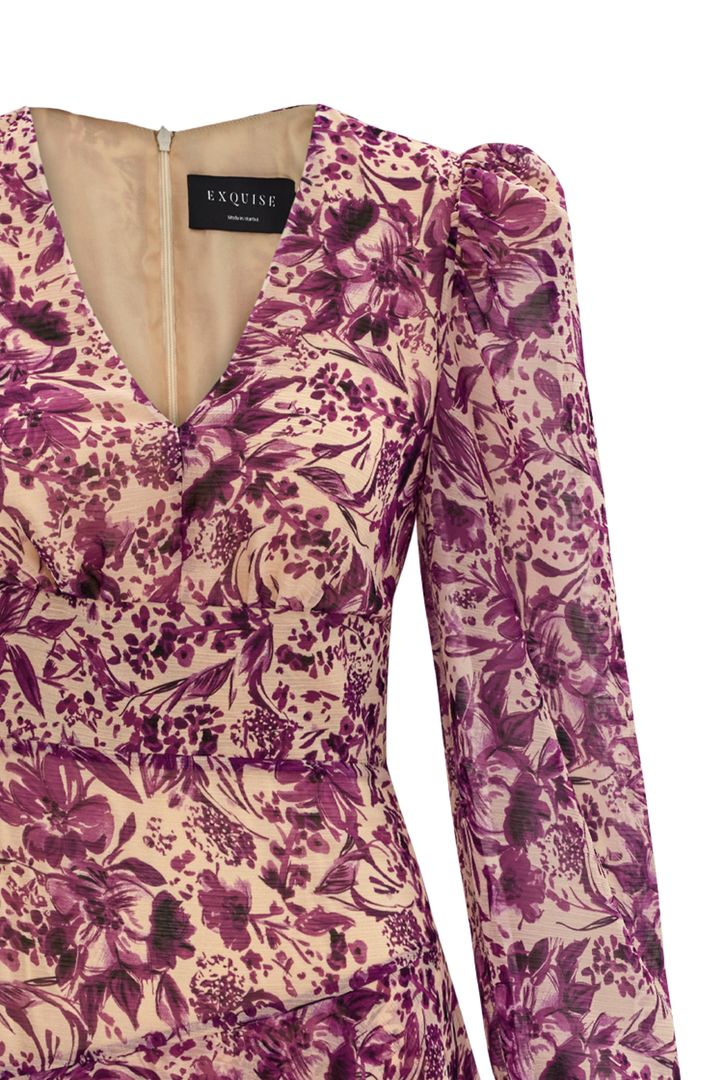 Çiçek Desenli Uzun Kollu Maxi Elbise