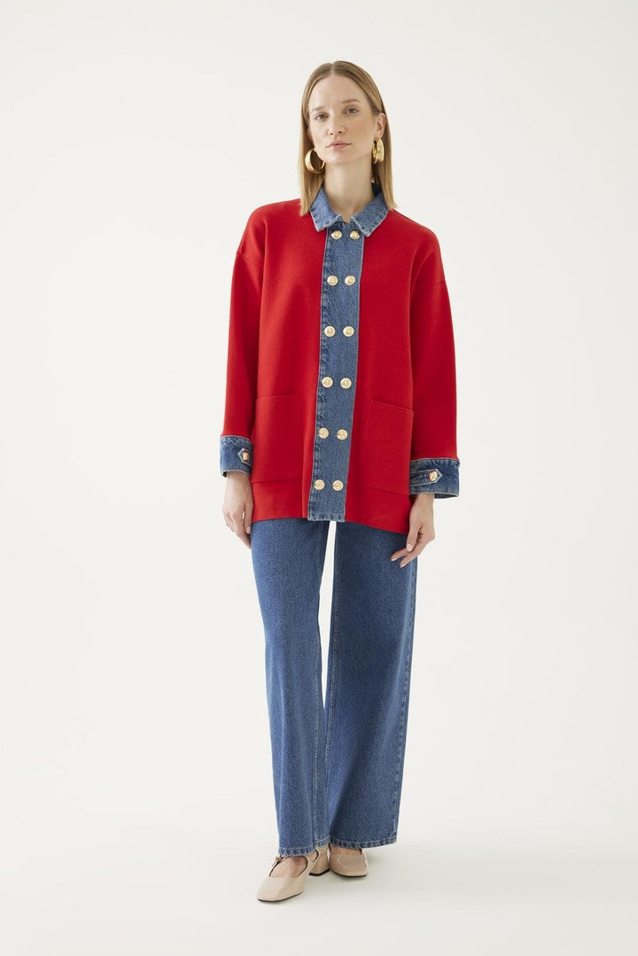 Jean Detaylı Triko Hırka