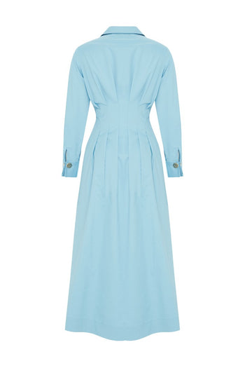 Bele Oturan Düğme Detaylı Pamuk Midi Gömlek Elbise