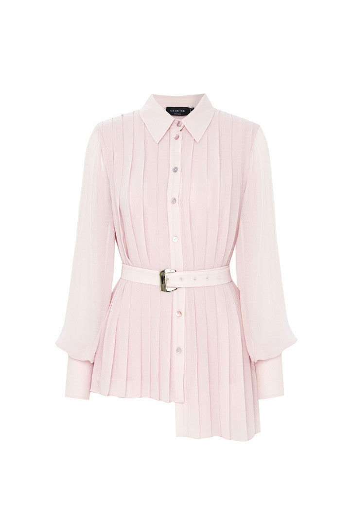 Kemer Detaylı Pliseli Pudra Şifon Gömlek