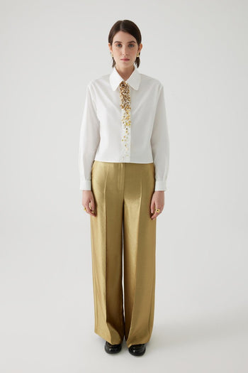 İşleme Detaylı Pamuk Düz Kesim Ekru Gömlek