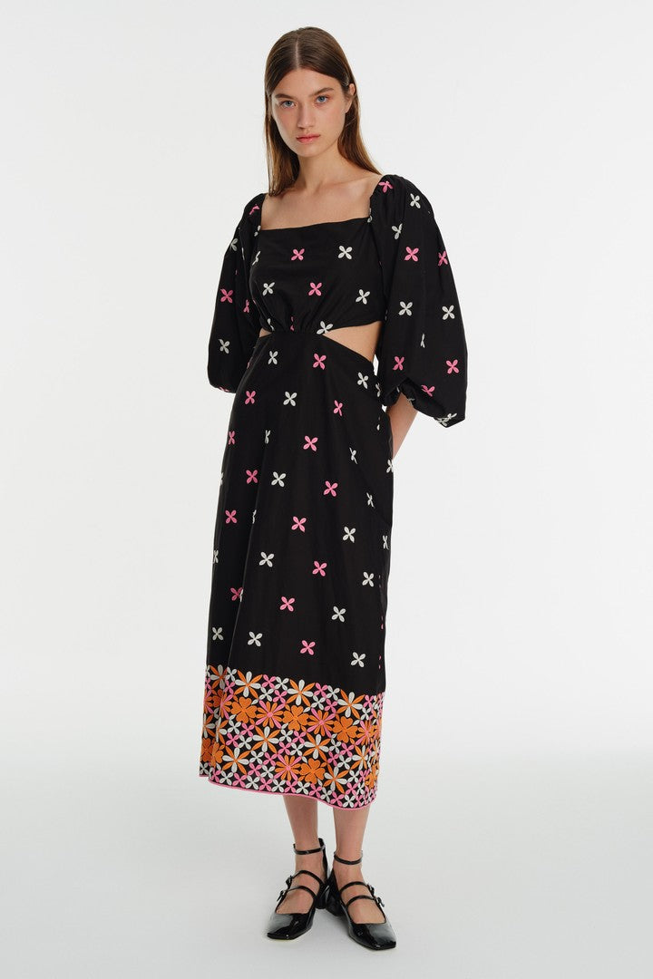 Çiçek Desenli Sırt Dekolte Detaylı Midi Elbise