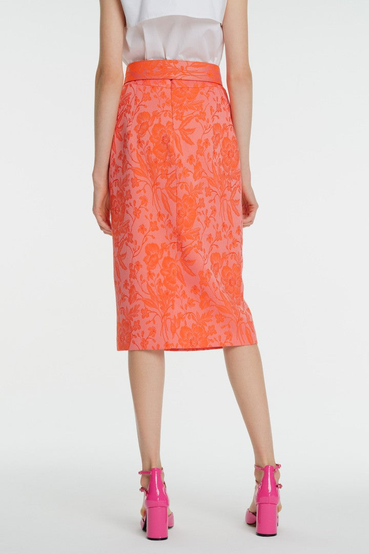 Çiçek Desenli Kemerli Yüksek Bel Kalem Etek