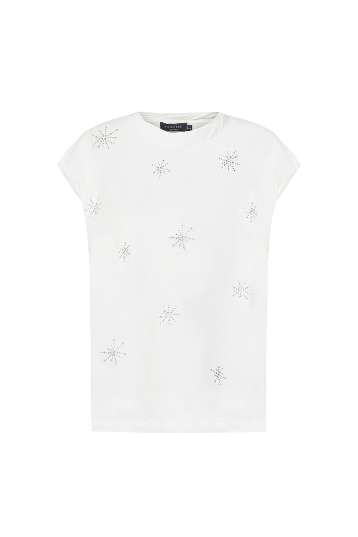 Taşlı Bisiklet Yaka Regular Ekru Tişört