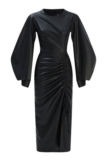 Büzgü Detaylı Deri Elbise