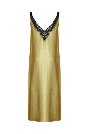 Saten Dantelli Payet Detaylı Rahat Kesim Gold Elbise