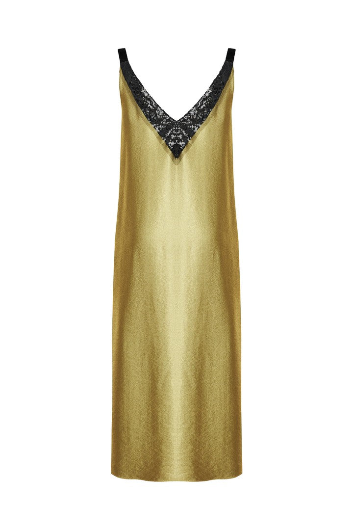 Saten Dantelli Payet Detaylı Rahat Kesim Gold Elbise
