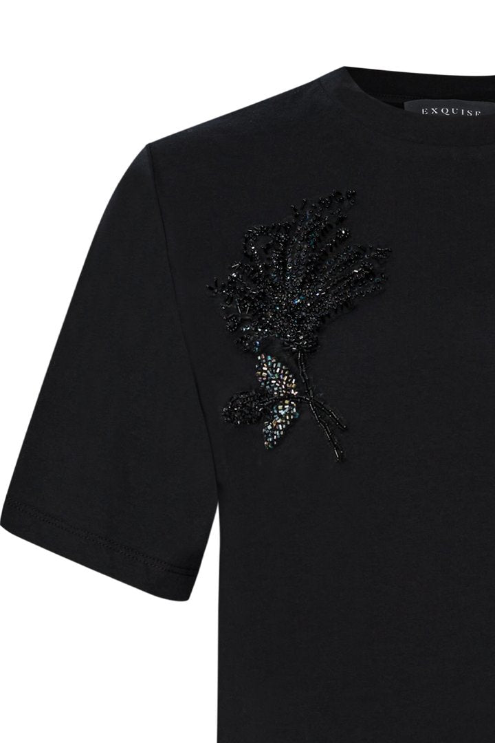 Bisiklet Yaka İşlemeli Regular Siyah T-shirt