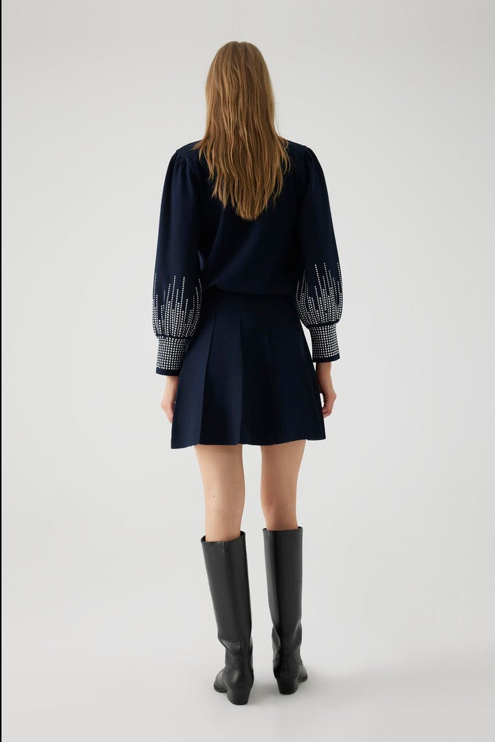 Pileli Regular Lacivert Mini Triko Etek