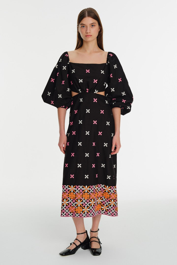 Çiçek Desenli Sırt Dekolte Detaylı Midi Elbise