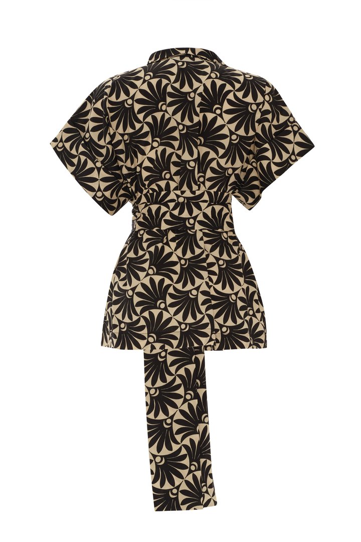 Kruvaze Kesimli Yaprak Desenli Bluz