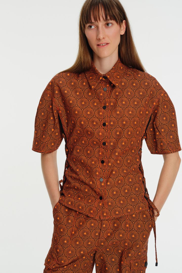Dikiş Ve Garni Detaylı Kısa Kol Desenli Pamuk Gömlek