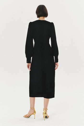 Yakası İşleme Detaylı Likralı Siyah Maxi Boy Elbise