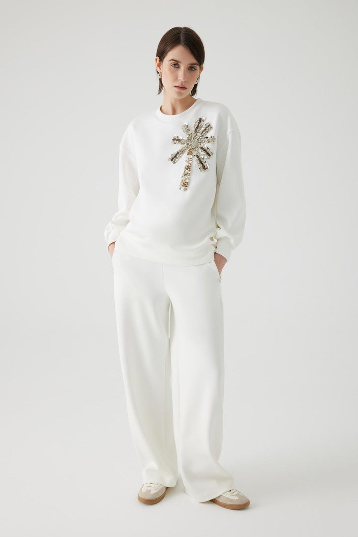 Palmiye El İşlemeli Oversize Ekru Sweatshirt