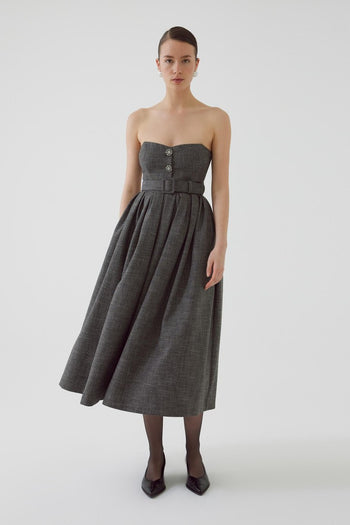 Kemerli Üstü Straplez Altı Pileli Antrasit Midi Elbise