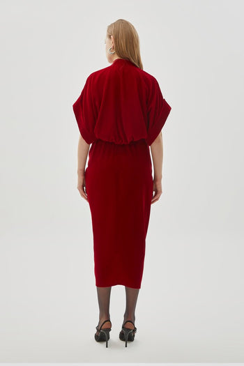 V Yaka Kadife Midi Elbise