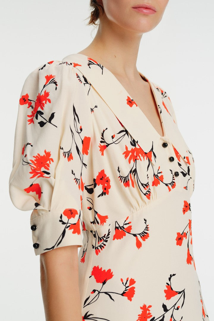 Karpuz Kol Bebe Yaka Çiçek Desenli Midi Elbise