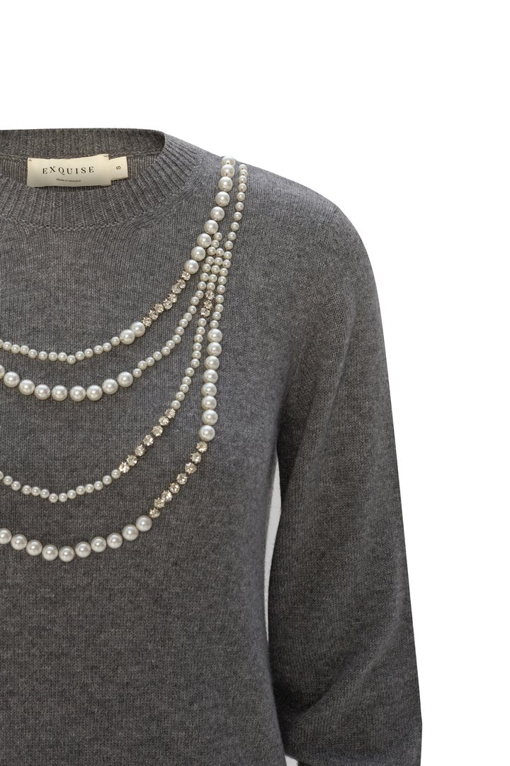 Boncuk Aksesuarlı Elişili Kaşmirli Regular Triko Kazak