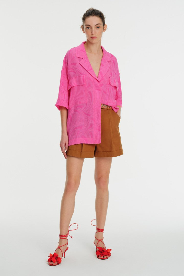 Düşük Kol Düz Kesim Jakar Gömlek