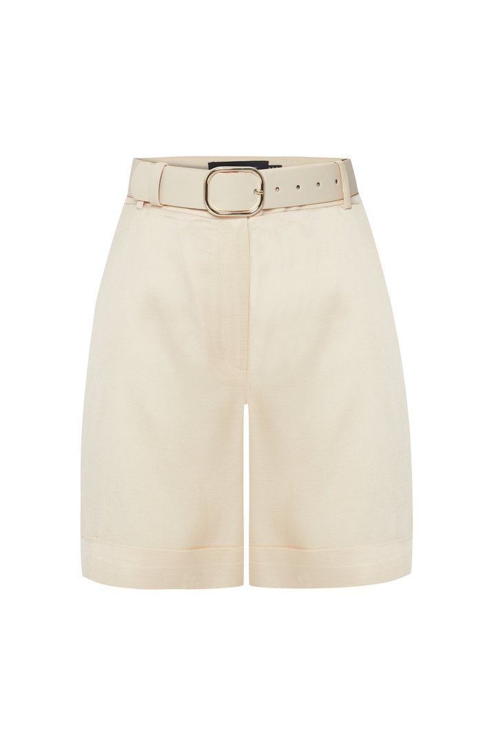Kemerli Duble Paçalı Bej Şort