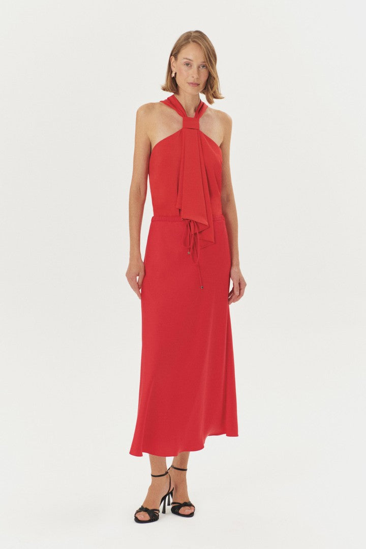 Saten Bağcık Detaylı Regular Midi Etek