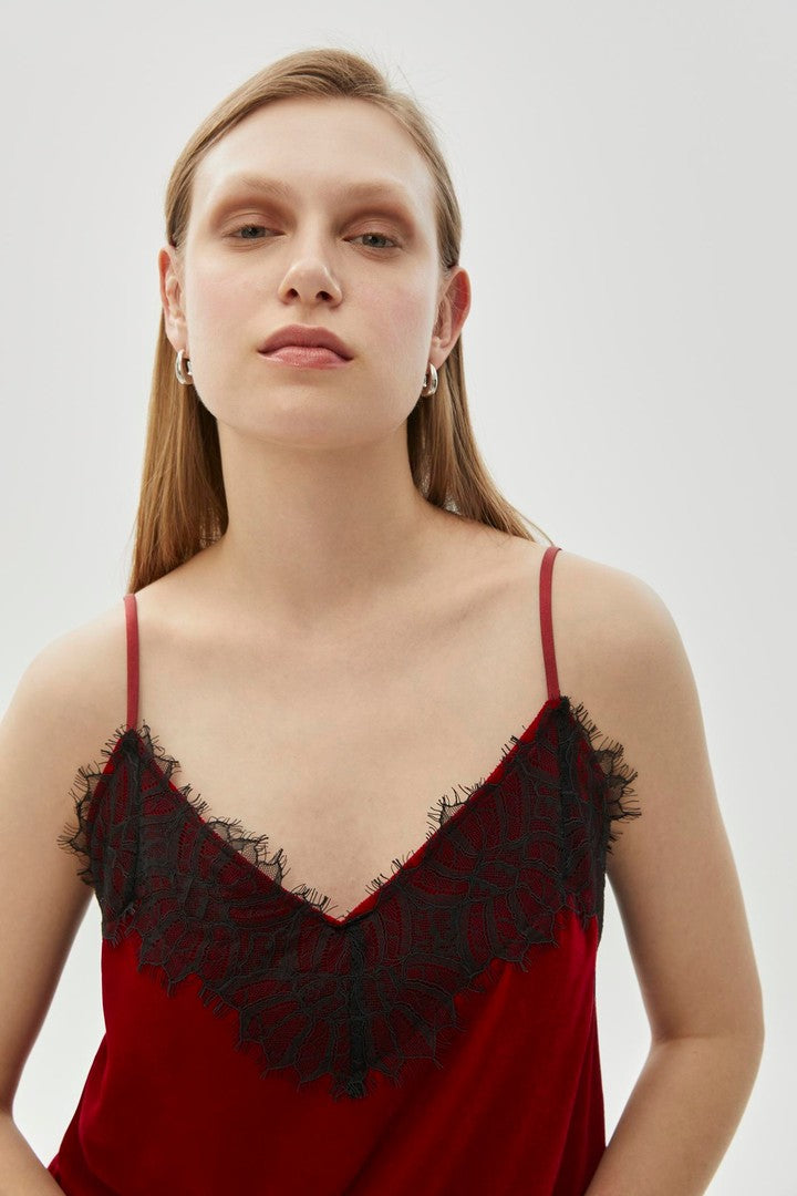 Kadife Dantel Detaylı V Yaka Regular Bluz