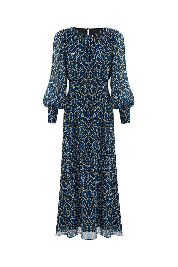 Balon Kollu Yaprak Desenli Elbise