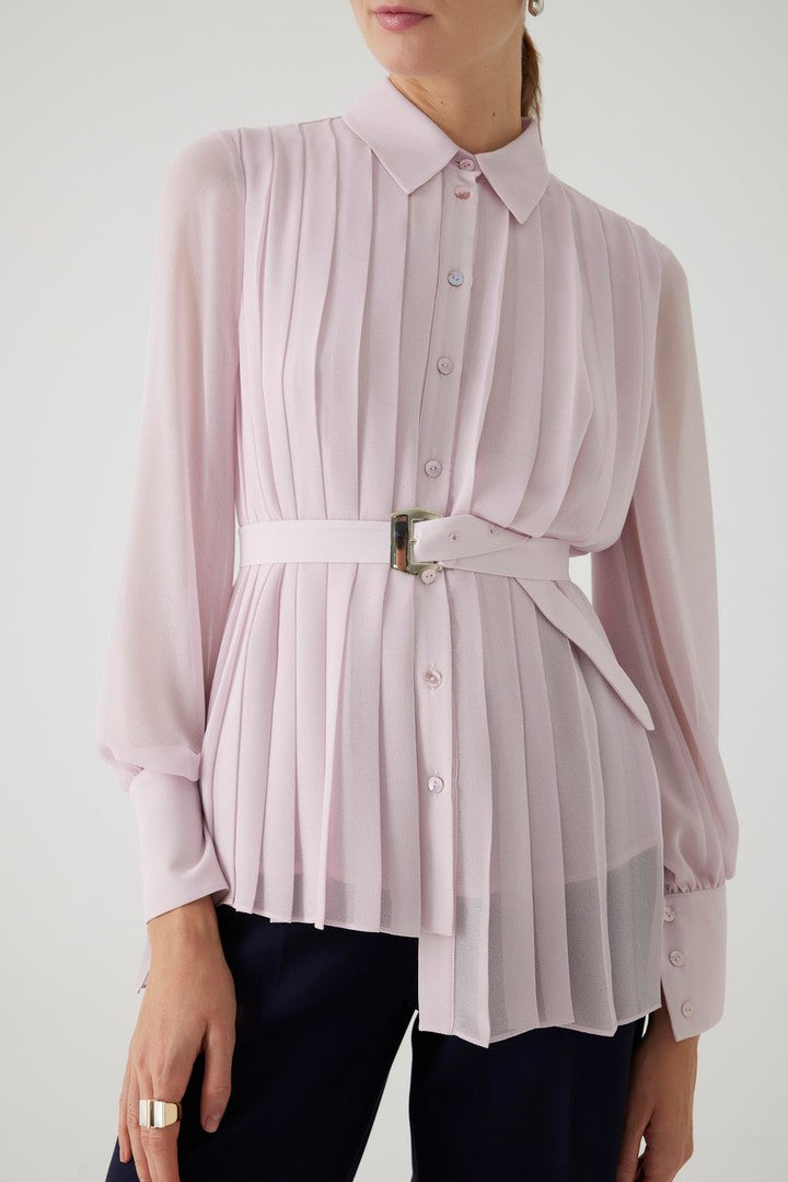 Kemer Detaylı Pliseli Pudra Şifon Gömlek