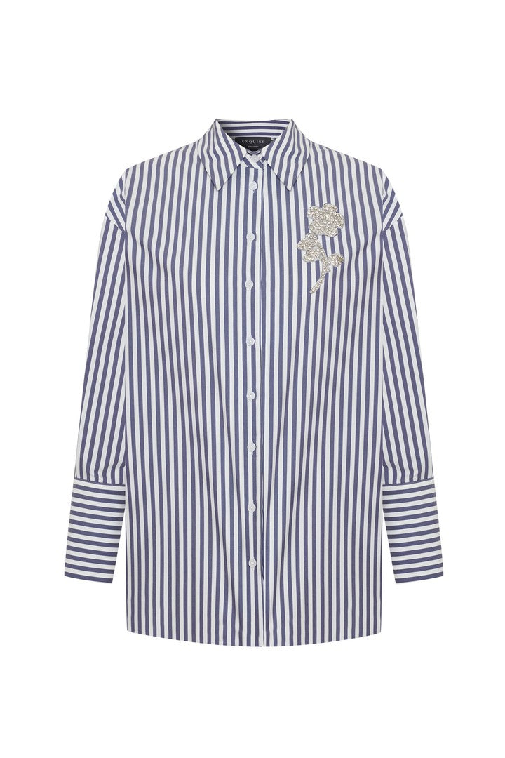 Taş İşleme Detaylı Lacivert Beyaz Oversize Çizgili Poplin Gömlek