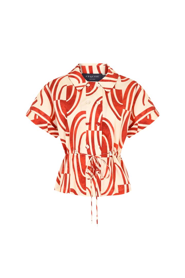 Bağcık Detaylı Soyut Desenli Kahve-Bej Regular Fit Pamuklu Gömlek