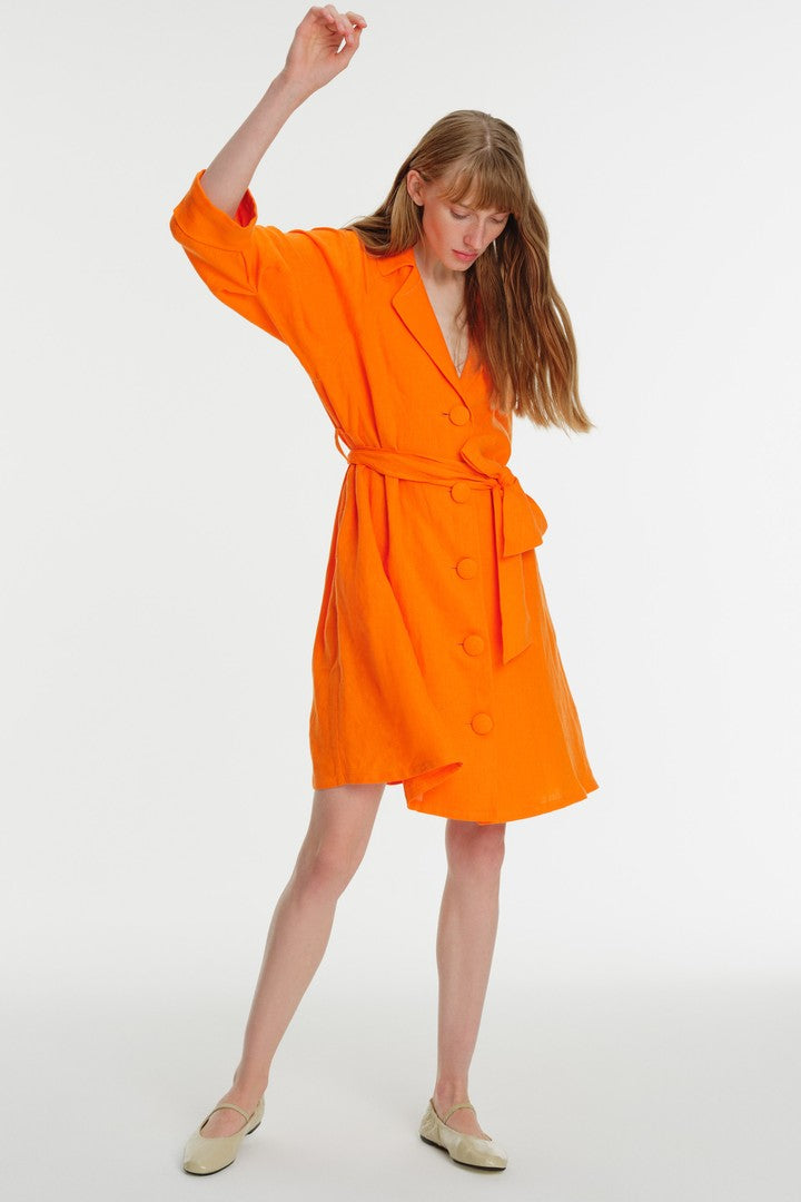 Tek Düğmeli Truvakar Kol Keten Elbise