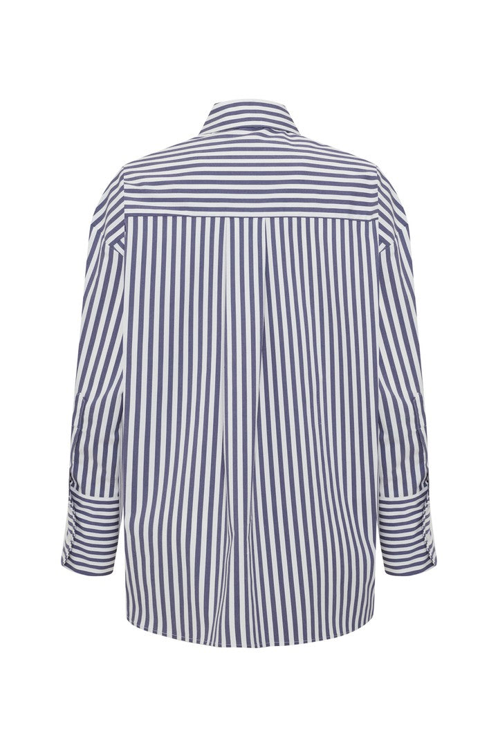 Taş İşleme Detaylı Lacivert Beyaz Oversize Çizgili Poplin Gömlek