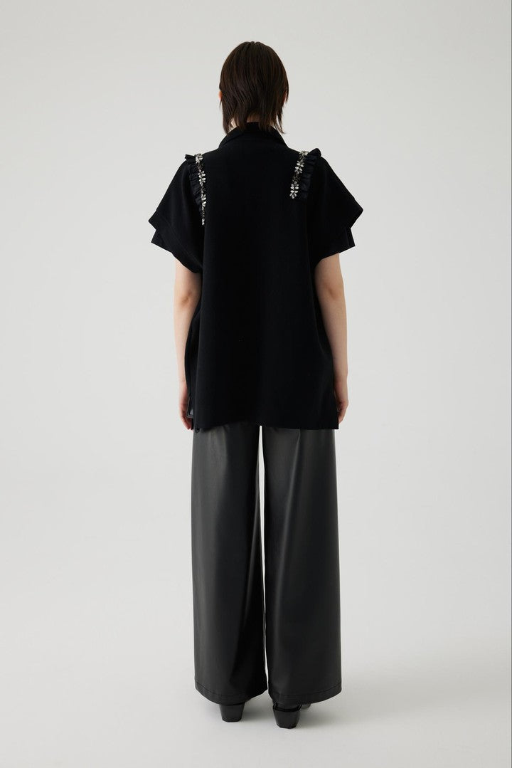 Kristal Taşlı El İşlemeli Oversize Triko Yelek