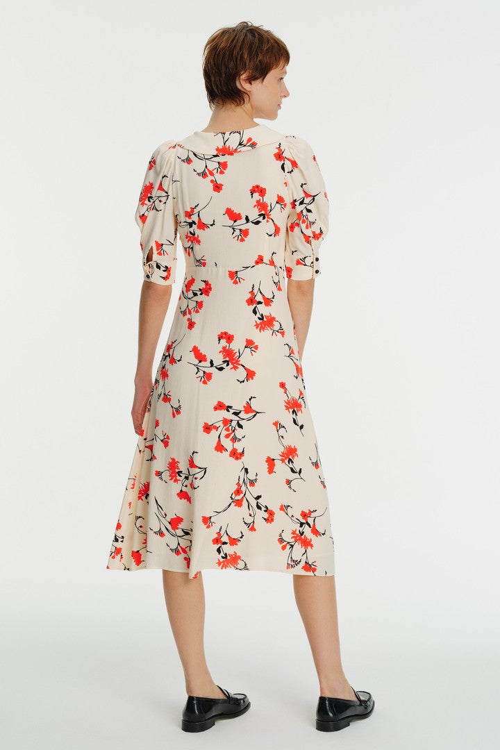 Karpuz Kol Bebe Yaka Çiçek Desenli Midi Elbise