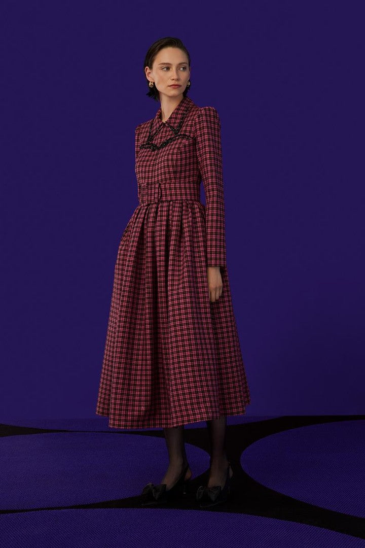 Uzun Kollu İşleme Detaylı Maxi Elbise