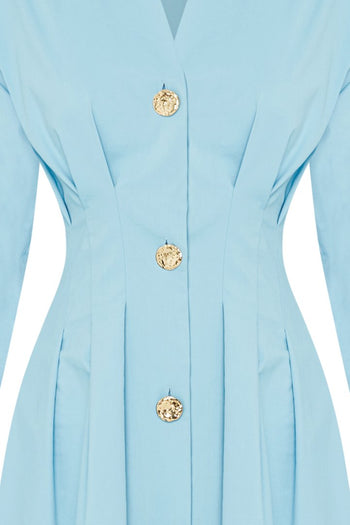 Bele Oturan Düğme Detaylı Pamuk Midi Gömlek Elbise