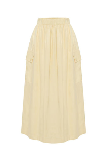 Lastikli Bel Cep Detaylı Lyocell Sarı Midi Boy Etek