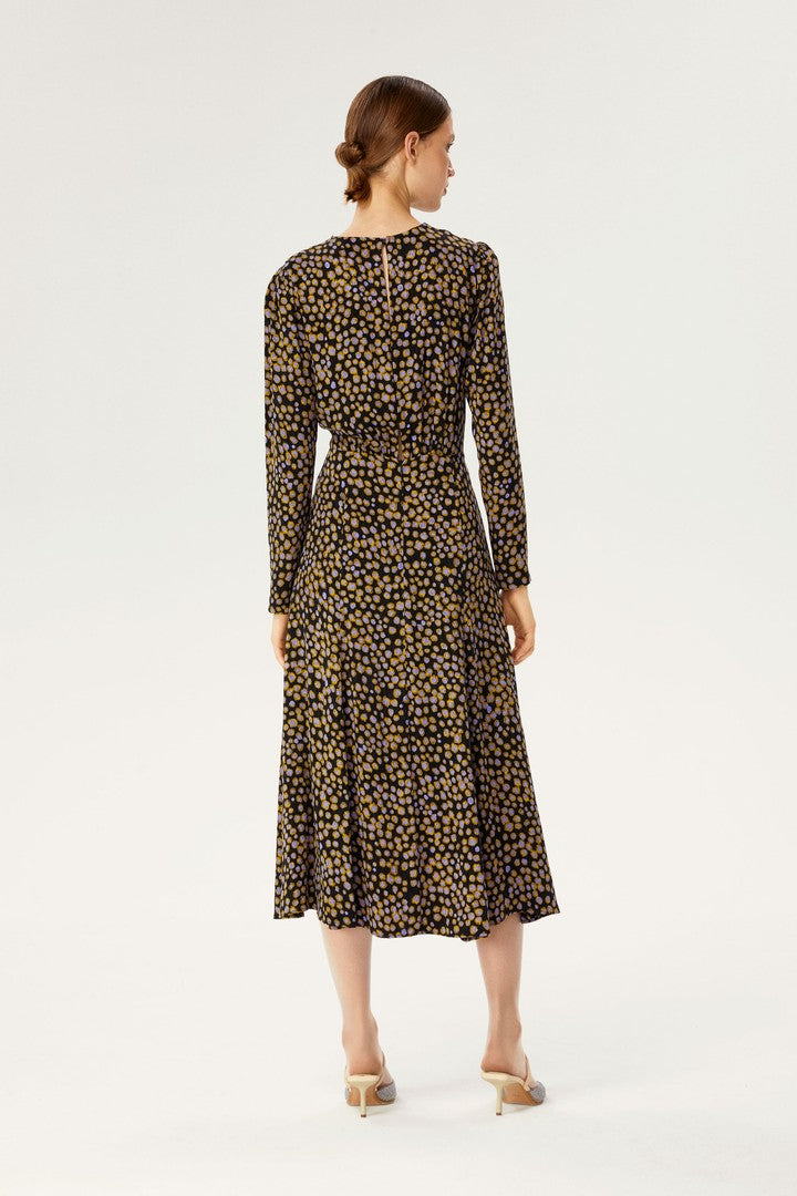 Sıfır Yaka Desenli Midi Elbise