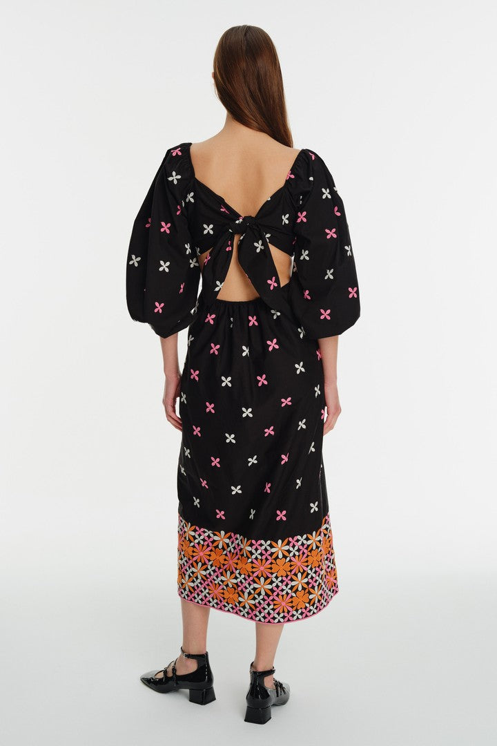 Çiçek Desenli Sırt Dekolte Detaylı Midi Elbise