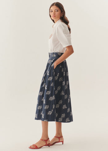 Çiçek Desenli Kemerli Midi Boy Etek